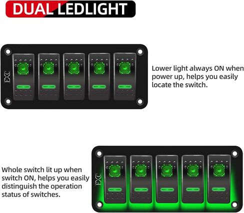 FXC Rocker Switch Aluminum Panel 5 Gang Toggle Switches Dash 5 Pin ON/Off 2 LED Backlit for Boat Car Marine Green in Saudi Arabia