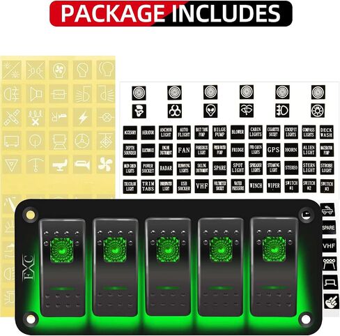 FXC Rocker Switch Aluminum Panel 5 Gang Toggle Switches Dash 5 Pin ON/Off 2 LED Backlit for Boat Car Marine Green in Saudi Arabia