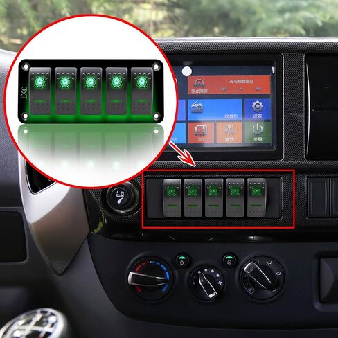 FXC Rocker Switch Aluminum Panel 5 Gang Toggle Switches Dash 5 Pin ON/Off 2 LED Backlit for Boat Car Marine Green in Saudi Arabia