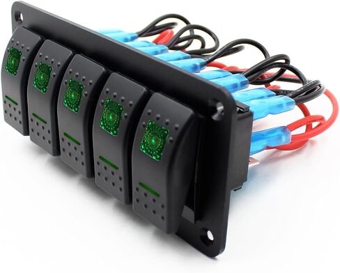 FXC Rocker Switch Aluminum Panel 5 Gang Toggle Switches Dash 5 Pin ON/Off 2 LED Backlit for Boat Car Marine Green in Saudi Arabia