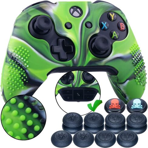 9CDeer قطعة واحدة من غطاء السيليكون الواقي المرصع + 8 أغطية تناظرية لمقابض الإبهام لجهاز تحكم Xbox One/S/X، أخضر مموه متوافق مع محول سماعة الرأس الاستريو الرسمي in Saudi Arabia