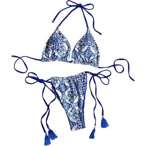 SHENHE Women's 2 Piece Print Triangle Bikini Sets Tassel Decor Halter Swimsuit Bathing Suit