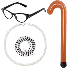 Dxhycc Old Lady Costume Set for Kids 100 Day of School Granny Costume Accessories Eyeglasses Glasses with Chain Necklace Inflatable Cane