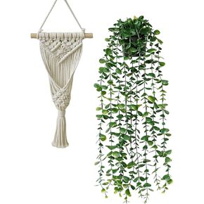 Artificial Eucalyptus Wall Hanging Decor, Artificial Hanging Greenery Plants, Macrame Plant Hanger with Faux Vines Hanging Planter for Boho Chic Home Office Bedroom Indoor Farmhouse Decor