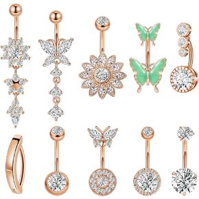 10 قطع 14 جرام حلقات زر البطن الجراحية من الفولاذ للنساء حلقات البطن المتدلية اللطيفة حلقات السرة CZ الفرس فراشة زهرة البطن ثقب المجوهرات حزمة in Kuwait