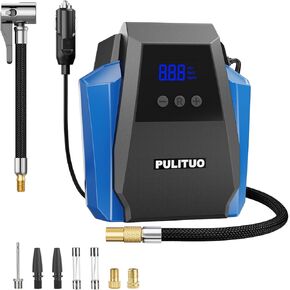 PULITUO Tire Inflator Portable Air Compressor, Tire Air Pump for Car Tires, 12V DC Auto Pump with Digital Pressure Gauge, Emergency LED Light for Bike, Ball,Car (Red)