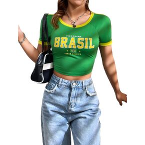 Women's Letter Graphic Round Neck Contrast Binding Crop Tee Short Sleeve Slim Fit Pullover T Shirt