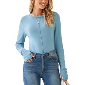 Happy Sailed Womens Basic T-Shirts Long Sleeve Round Neck Thumb Holes Slim Fit Tees Shirts Tops Fall Outfits Clothing