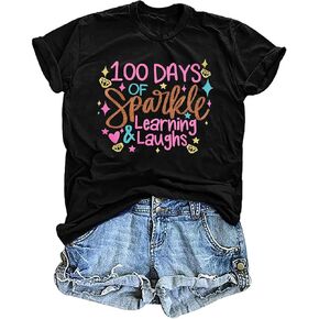 Women 100 Days of School Shirt Teacher Student Tshirt Funny Sparkle Learning and Laughs Letter Print Tee Top