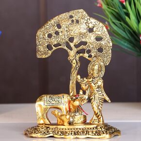 Kamdhenu Cow with Krishna Standing Under Tree Plying te Metal StatueKrishna Murti Idol for Pooja & Decor Your HeOfficeShowpiece FigurinesReligious Idol Gift Article.