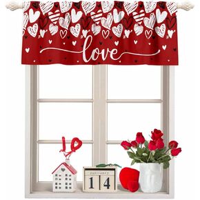 Valentines Valance for Windows Love Kitchen Curtains Valances Rod Pocket Red Black Heart Window Curtain Treatment Short Topper Curtains for Valentines Day Decor 1 Panel, 54x18 inch