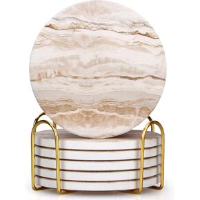 Coasters Set of 6 White Marble Style Ceramic Drink Coasters Coffee Table Decor Drinks Absorbent Stone Coasters with Holder Modern Cup Coasters Rustic Farmhouse Coasters Bar Cool Coasters Gifts