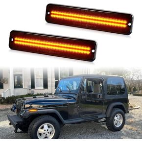Full LED Side Marker Lights for 1987-1995 Jeep Wrangler YJ,Smoked Lens Amber Fender Turn Signal Reflector Light with Dual row chips Replace OEM 56001424, pack of 2