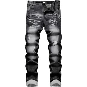 HENGAO Men's Ripped Jeans Slim Fit Stretch Straight Fit Denim Pants