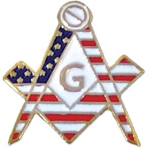 American Flag Square & Compass Masonic Lapel Pin - [White & Red][3/4'' Tall]