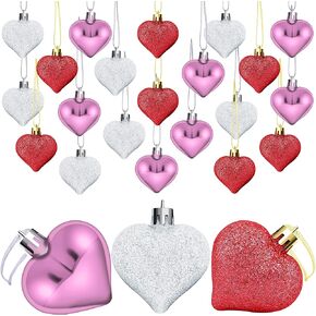 Elcoho 24 Pieces Valentine's Day Heart Baubles Ornaments Heart Shaped Decoration Baubles for Valentine's Day Decoration, 2 Styles (Glossy, Glitter)