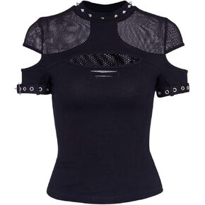 Women Sexy Gothic Punk Tops Mall Goth Y2k E-Girl T Shirt Short Sleeve Hollow Out Casual Tee Hip Hop Harajuku