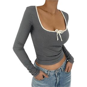 Verdusa Women's Color Block Scoop Neck Bow Decor Long Sleeve Casual T Shirts