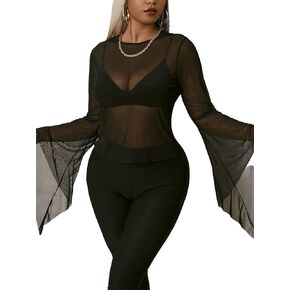SOLY HUX Women's Plus Size Mesh Sheer Bell Long Sleeve See Through Tee Top
