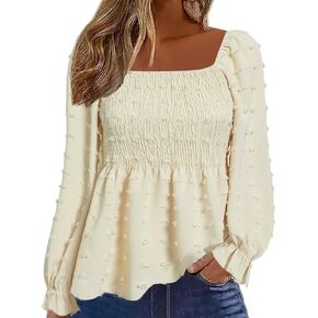 Flamingals Women's Square Neck Shirred Ruffle Blouse Smocked Peplum Elegant Long Sleeve Blouse Shirt