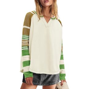 Panadila Womens Striped Long Sleeve Shirt Color Block Raglan Shirt V Neck Patchwork Pullover Tops Casual Cute Top