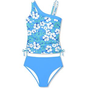 Girls Swimsuit Two Piece One Shoulder Girls Tankini Swimsuit Floral Print Girls Bathing Suit Drawstring Swimwear Set 7-14Y