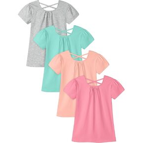 Poroka 4 Pack Toddler Girls Shirts Cotton Short Sleeve Shirts Crewneck Puff Sleeve Tops Tees Toddlers Summer T-Shirts