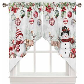 Christmas Swag Valances for Windows Snowman Swag Kitchen Curtains Reindeer Poinsettia Christmas Balls Window Valance Curtains 2 Panel Topper Curtains for Kitchen Living Room Bedroom Holiday 28"x36"