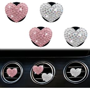4Pcs White and Pink Bling Car Air Vent Clip Bling Car Air Freshener Outlet Clip Crystal Heart Shape Decorative for Women Air Fresheners Interior Accessories