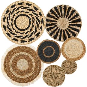 Boho Woven Wall Basket Decor, 7 Pcs Handmade Round Hanging Basket, Rustic Flat Elegant Wall Art, Seagrass Rattan Wicker Dining Room Decor for Farmhouse Bedroom Living Room Display Table Settings Kitchen Home