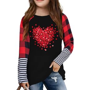 LAZYCHILD Kids Valentine Shirt Girls Valentines Day Shirts Heart Grpahic Long Sleeve Striped Tee Tops 5-14 Years