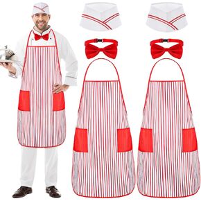 DEAYOU 6 Pcs 1950s Adult Waiter Costume Kit, Red White Striped Apron with 2 Pockets, Chef Hat Red Bow Ties for Halloween, Cosplay, Carnival, Party