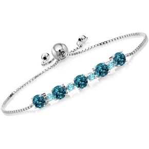 Gem Stone King 3.82 Cttw London Blue Topaz and Swiss Blue Topaz 925 Silver Tennis Bracelet For Women | Bollo Bracelet | Round 5MM and 2.5MM | Fully Adjustable Up to 9 Inch | Easy-On Easy-Off