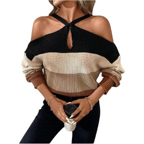 GORGLITTER Women's Cold Shoulder Sweater Criss Cross Color Block Long Sleeve Pullover Tops