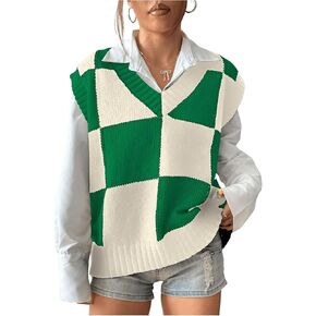 Verdusa Women's Checkered Knit Sweater Vest Loose V Neck Knit Plaid Vest Top
