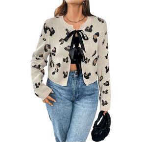 MakeMeChic Women's Plus Size Leopard Print Bow Tie Front Cardigan Crew Neck Long Sleeve Cardigan Sweater Knitwear