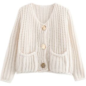 COZYPOIN Womens Fall Cardigan Sweater Casual Knit Cropped Open Front Button Long Sleeve Loose Cardigan