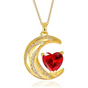 Crystal Zircon Moon Heart Pendant Crescent Necklace | Plated 18k Gold Gemstone Birthstone Statement Planet Diamond Jewelry Gift for Wife Mom Daughter Girlfriend