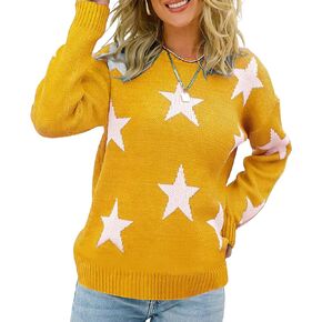ebossy Women's Sweet Cute Star Graphic Long Sleeve Artistic Aesthetic Cable Knit Sweater Pullovers