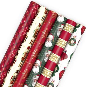 Hallmark Recyclable Christmas Wrapping Paper Rolls - Red and Green Gift Wrap Paper (Set of 6 Rolls: 150 Sq. Ft. Total) Deer, Mittens, Citrus with Pinecones, Quilt