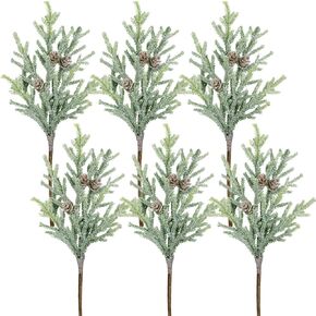 Winlyn 6 Pack Frosted Artificial Cypress Pine Stems Snowy Glittered Pine Spray with Mini Pinecones for Christmas Holiday Greens Seasonal Floral Arrangement Centerpiece Winter Wedding Décor 13.8" Tall