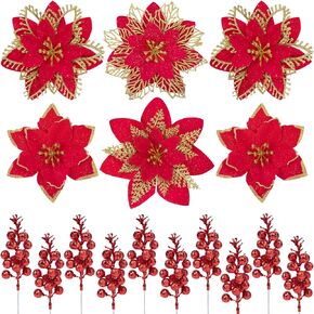 34pcs White Poinsettia Christmas Decorations Artificial Flowers, 4 Styles Glitter Poinsettia Flowers with 10 Berry Stems & 24 Clips, Christmas Tree Ornaments for Wreath Holiday Home Party Decor