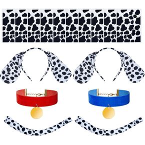 2 Sets Halloween Dalmatian Costume Set Dog Ear Headband and Tail Velvet Choker Stickers for 100 Days of School Cosplay