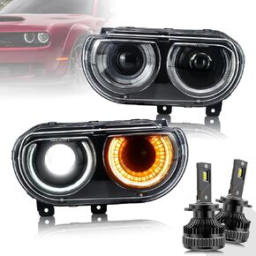 VLAND LED Projector Headlights & D2H Xenon Bulb For Dodge Challenger 3rd Gen Coupe 2008-2014 With Sequential Turn Signal, Dual Beam Lens, Dirver & Passenger Sides