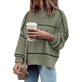 Women's Oversized Crewneck Sweaters Batwing Long Sleeve Side Slit Ribbed Knit Pullover Sweater Tops