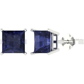 4 ct Brilliant Princess Cut Solitaire Studs Blue Sapphire 18K White Gold Desginer Affordable Earrings Push Back