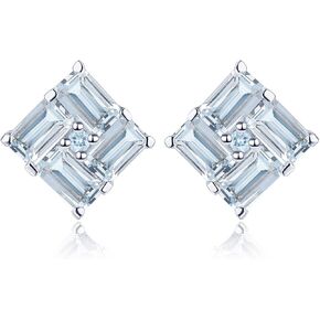 Natural Aquamarine Stud Earrings for Women S925 Sterling Silver Gemstone March Birthstone Square Elegant Studs Fine Jewelry for Birthday