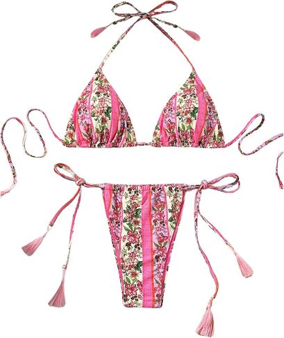 SHENHE Women's 2 Piece Print Triangle Bikini Sets Tassel Decor Halter Swimsuit Bathing Suit in Saudi Arabia