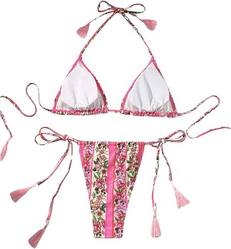 SHENHE Women's 2 Piece Print Triangle Bikini Sets Tassel Decor Halter Swimsuit Bathing Suit in Saudi Arabia