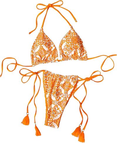 SHENHE Women's 2 Piece Print Triangle Bikini Sets Tassel Decor Halter Swimsuit Bathing Suit in Saudi Arabia